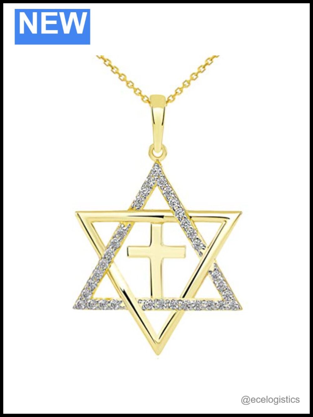 14k Yellow Gold CZ Star of David Religious Cross Pendant Necklace